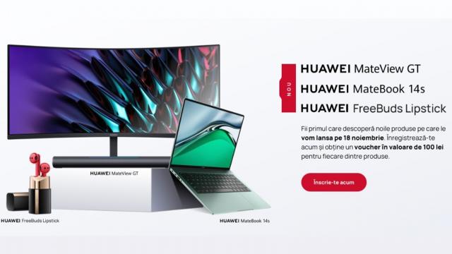 <b>Huawei aduce în România laptopul MateBook 14s, căştile FreeBuds Lipstick şi monitorul de gaming MateView GT; Iată cum obţineţi un discount de 100 lei</b>Huawei ne anunţă azi că va aduce în curând în România noi produse hardware, din afara zonei de telefoane de această dată. E vorba despre un laptop MateBook 14s, seria de monitoare de gaming MateView GT, dar şi ineditele caști-ruj FreeBuds Lipstick