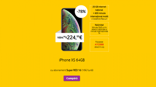 <b>Super oferta Vodafone de azi! iPhone XS la 224 euro cu abonament de 16 euro</b>Și în acest weekend continuă promoțiile speciale Vodafone, zi în care avem un smartphone vedetă care intră într-o rundă de vânzări flash. Este vorba despre iPhone XS, pe care îl puteți achiziționa doar astăzi pentru un preț de 