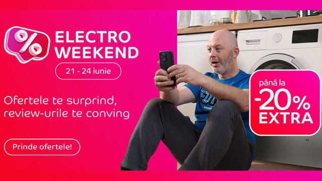 <b>Electro Weekend la eMAG în perioada 21-24 iunie: Televizoare, smartphone-uri, aparate de aer condiționat și electrocasnice reduse bine</b>Weekend-ul acesta ne „răcorim” cu o serie de oferte marca eMAG. Retailerul tocmai a dat startul unei noi runde de reduceri Electro Weekend, astfel că putem achiziționa gadget-uri, dar și electrocasnice la prețuri bune, cu până la 20% extra-discount